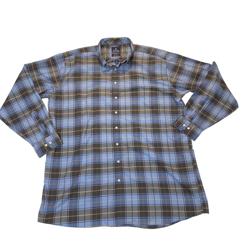 Stafford Travel Men Blue Brown Plaid Wrinkle Free Oxford Shirt 18.5 38-39 X-Tall